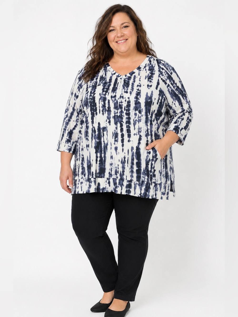 Ellen Tracy XXL Blue Abstract Tie Dye Print V-Neck Tunic Sweater Top with Pocket